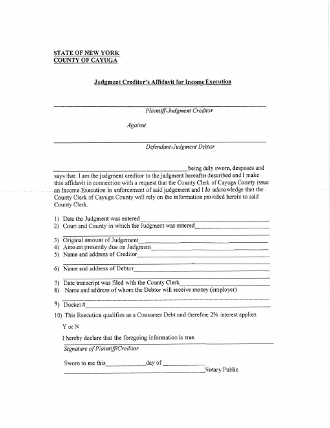 Judgment Creditor’s Affidavit for Income Execution, Cayuga County form, first page
