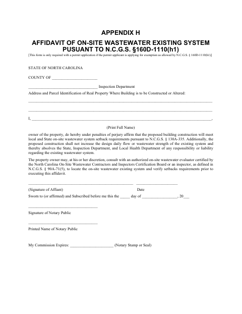 Affidavit Of On-Site Wastewater Existing System, Harnett County form, first page