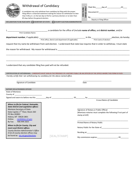 Withdrawal of Candidacy, Sweet Grass County form, first page