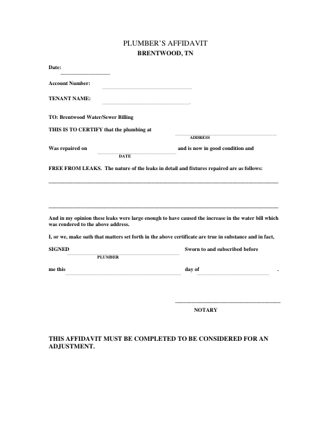 First page of the Plumber’s Affidavit