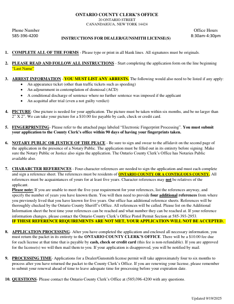 Application for License as Gunsmith or Dealer in Firearms, Ontario County form, first page
