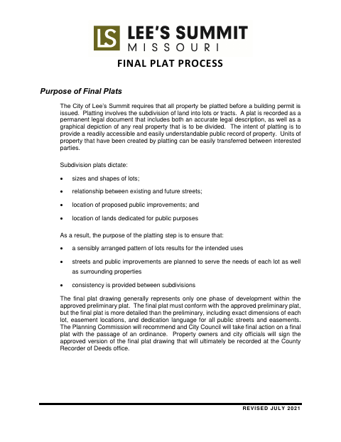 First page of the Final Plat Application