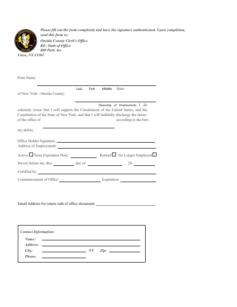 Oath of Office, Oneida County form, first page