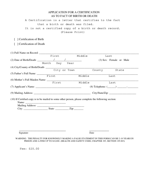 First page of the Application for a Certification as to Fact of Birth or Death