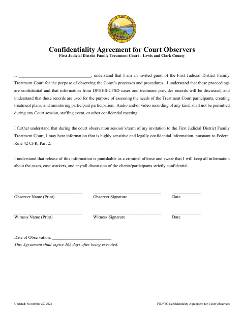 First page of the Confidentiality Agreement for Court Observers