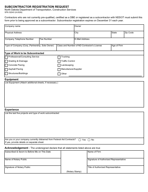 SFN 52243 Subcontractor Registration Request first page
