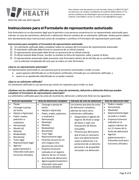 DOH 422-186 Authorized Representative Form – Spanish first page