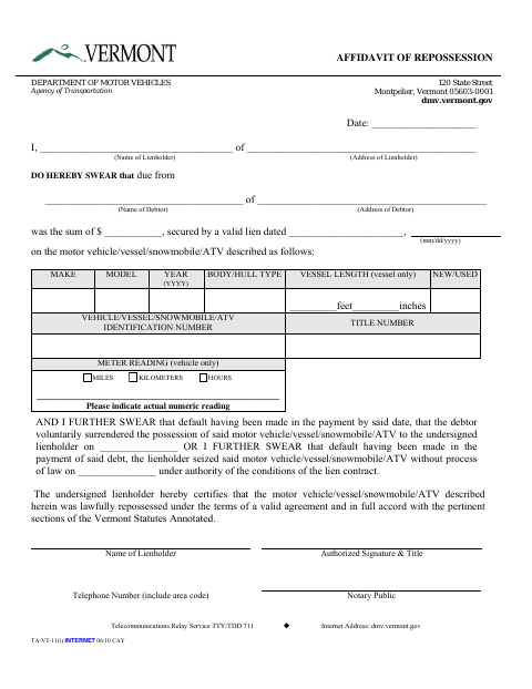 Affidavit of Repossession TA-VT-11(i) first page