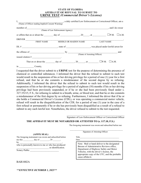 BAR1002A Affidavit of Refusal to Submit to Urine Test first page