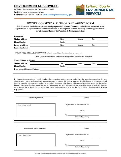 Owner Consent and Authorized Agent Form, Le Sueur County form, first page