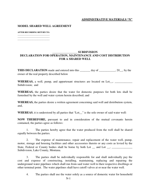 Shared Well Operation, Maintenance, and Cost Distribution Declaration, Lake County form, first page