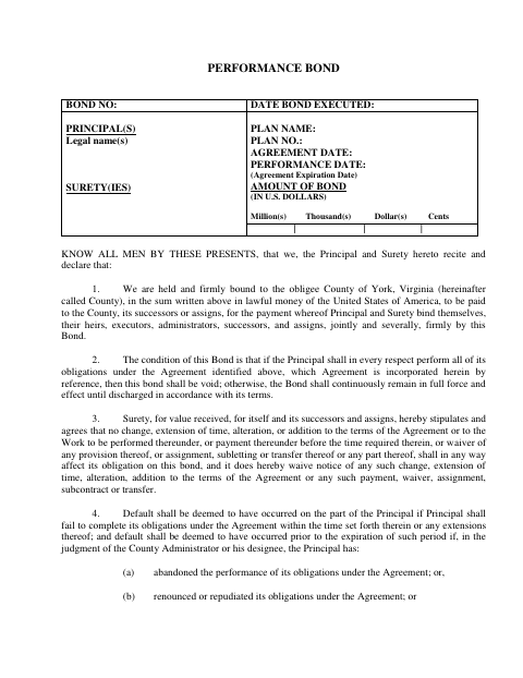 Performance Bond, York County form, first page