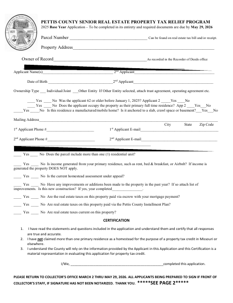 Senior Real Estate Property Tax Relief Program Application, Pettis County form, first page