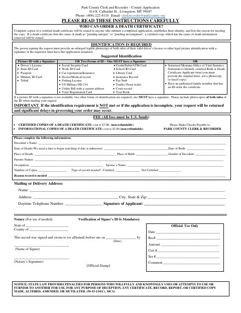 Death Certificate Request Form, Park County form, first page