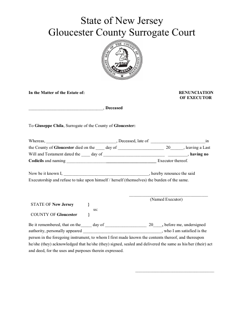 Renunciation of Executor, Gloucester County form, first page