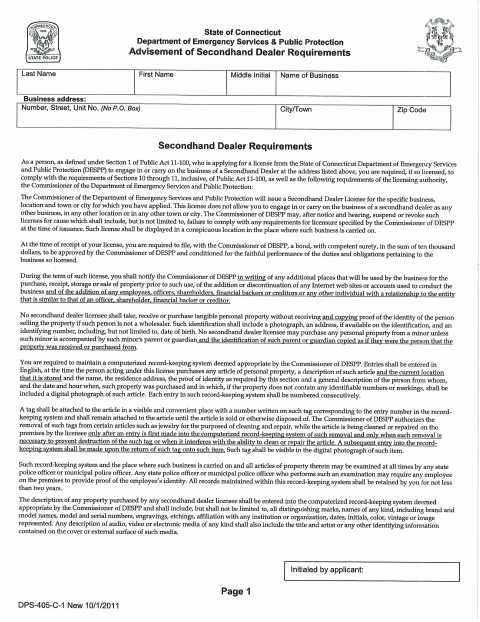 First page of the Second-Hand Dealer Application