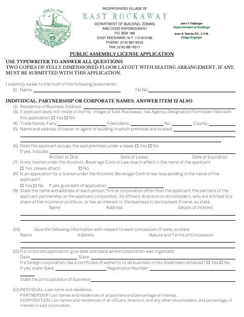 First page of the Public Assembly License Application