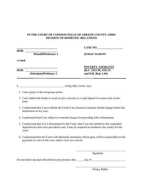 Poverty Affidavit, Greene County form, first page