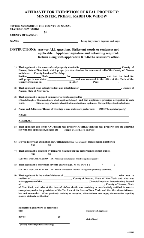 Affidavit for Exemption of Real Property: Minister, Priest, Rabbi or Widow, Nassau County form, first page