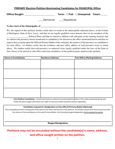 Primary Election Petition for Municipal Office Candidates, Burlington County form, first page