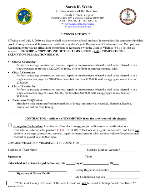 Contractor State License Waiver Affidavit, York County form, first page