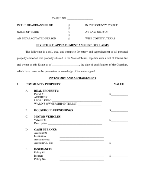 Inventory, Appraisement and List of Claims, Wise County form, first page