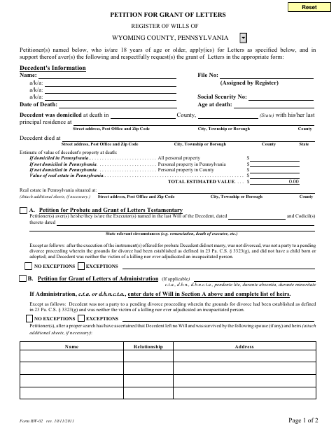 Petition For Grant Of Letters, Wyoming County form, first page