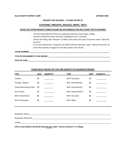 First page of the Request For Issuance – E-Filing Or Pro Se Citations, Precepts, Notices, Writs, TROs