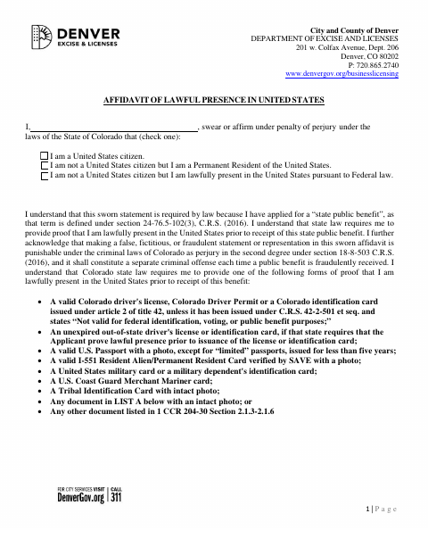 Affidavit of Lawful Presence in United States, Denver County form, first page