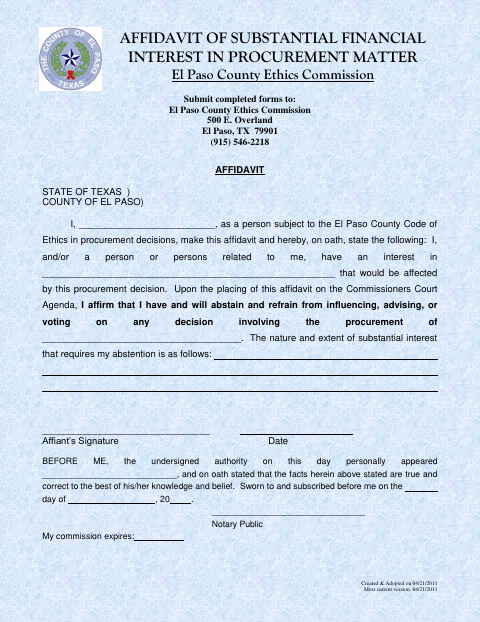 Affidavit of Substantial Financial Interest in Procurement Matter, El Paso County form, first page