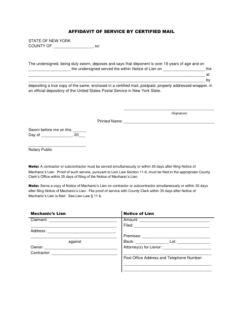 Affidavit of Service by Certified Mail, Ulster County form, first page