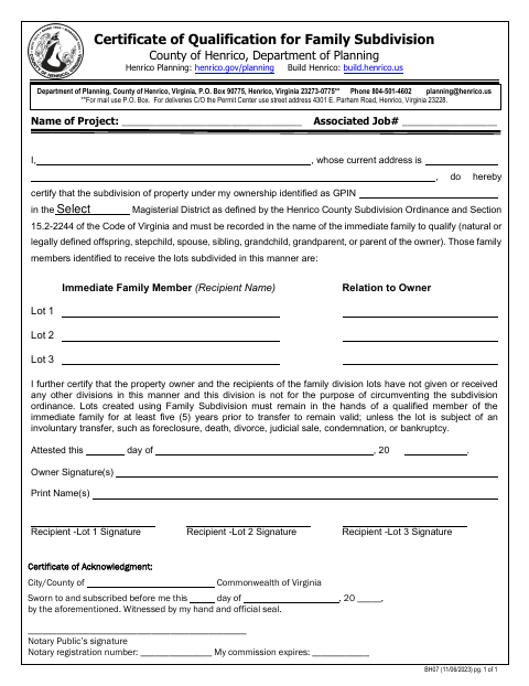 Certificate of Qualification for Family Subdivision, Henrico County form, first page