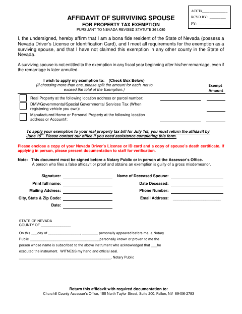 Affidavit of Surviving Spouse for Property Tax Exemption, Churchill County form, first page
