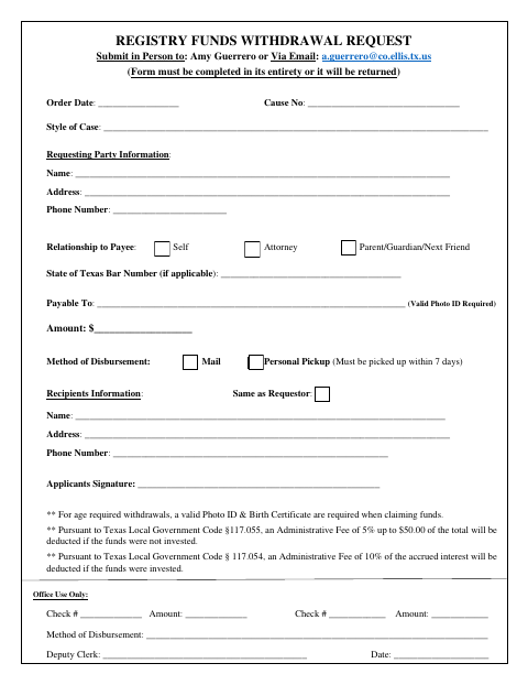 First page of the Registry Funds Withdrawal Request