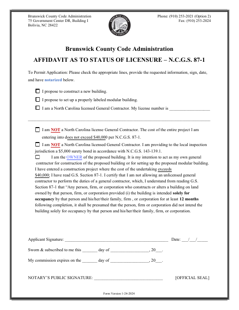 Affidavit as to Status of Licensure, Brunswick County form, first page