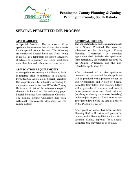 Special Permitted Use Application, Pennington County form, first page
