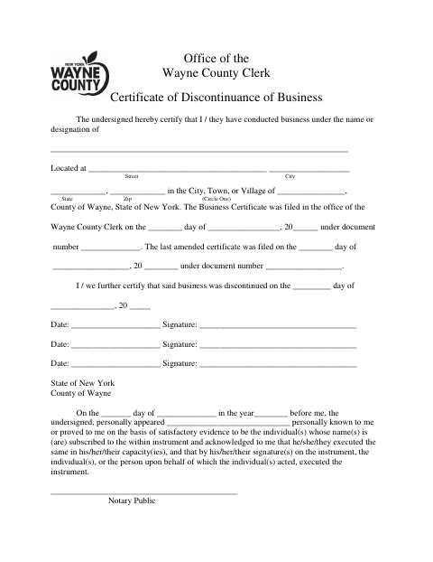 Certificate of Discontinuance of Business, Wayne County form, first page