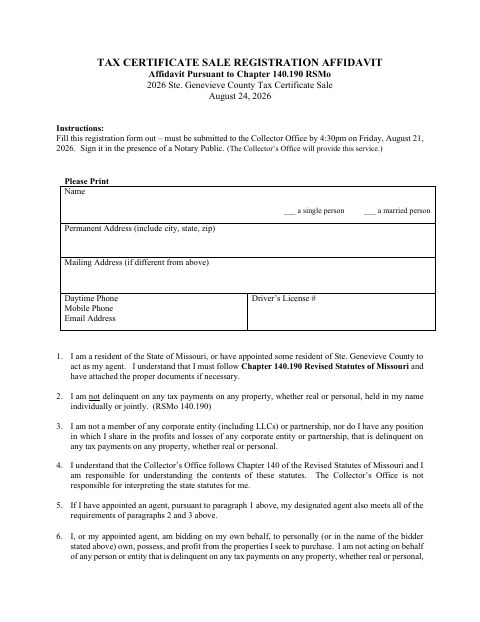 Tax Certificate Sale Registration Affidavit, Ste. Genevieve County form, first page