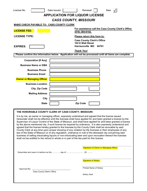 Application for Liquor License, Cass County form, first page