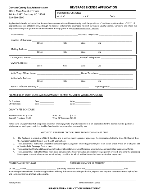 Beverage License Application, Durham County form, first page