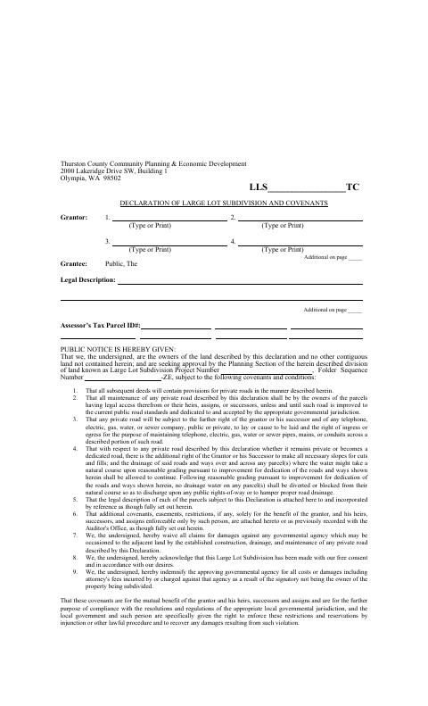 Declaration of Large Lot Subdivision and Covenants, Thurston County form, first page