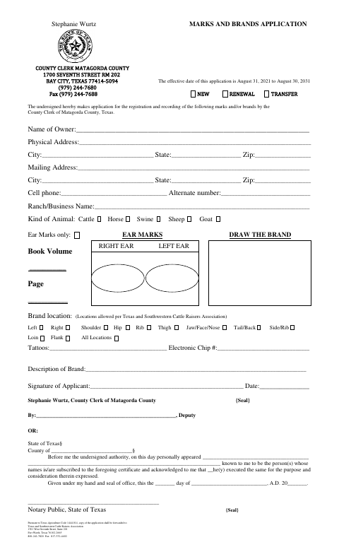 Marks and Brands Application, Matagorda County form, first page