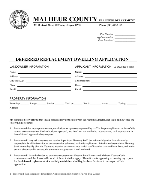 Deferred Replacement Dwelling Application, Malheur County form, first page