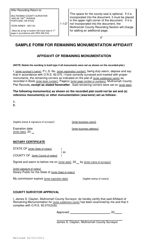 Affidavit Of Remaining Monumentation, Multnomah County form, first page