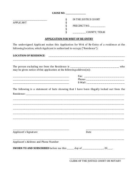 Application For Writ Of Re-Entry, Ellis County form, first page