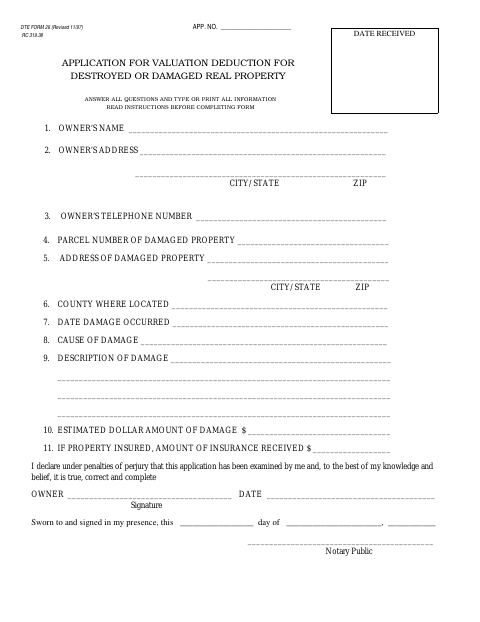 Application for Valuation Deduction for Destroyed or Damaged Real Property, Williams County form, first page