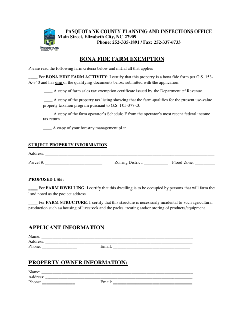 Bona Fide Farm Exemption, Pasquotank County form, first page