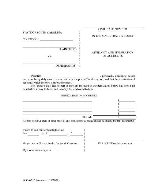 Affidavit and Itemization of Accounts, Spartanburg County form, first page