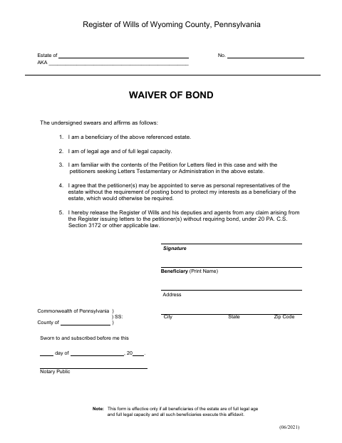 Waiver Of Bond, Wyoming County form, first page