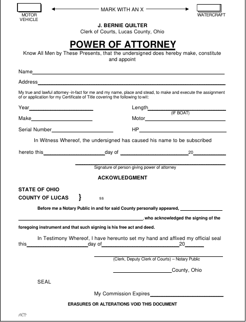 Motor Vehicle or Watercraft Power of Attorney, Lucas County form, first page